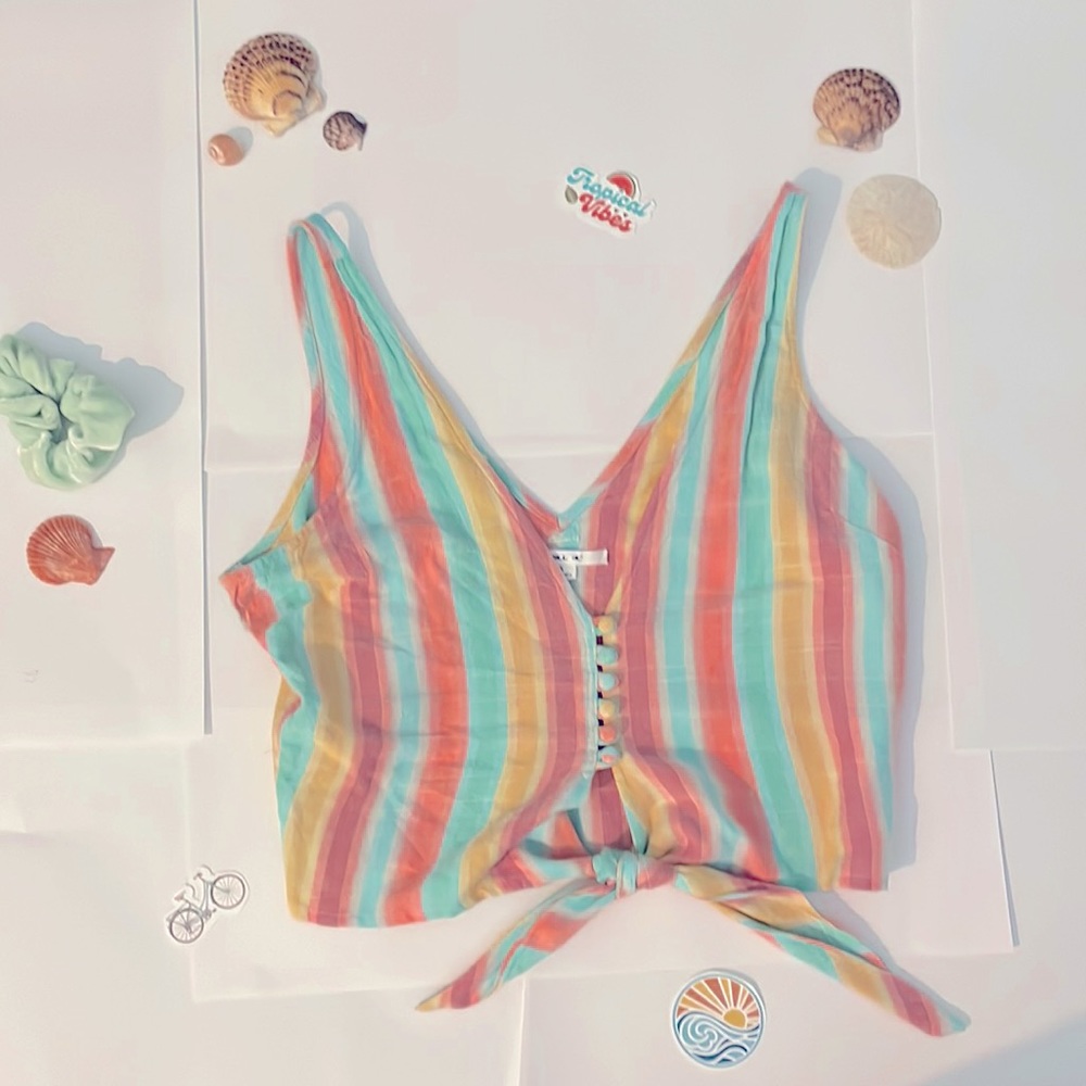 O’Neill Beach Color Striped Tank Top with Tie and Buttons XS
